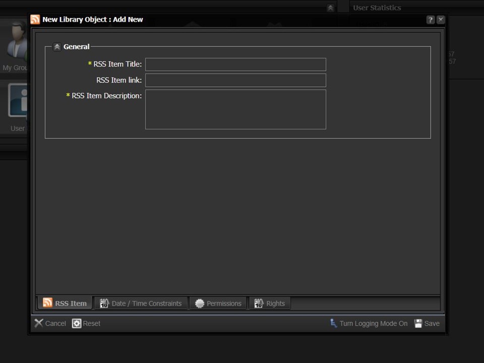 Add an RSS item from the New Library Object window | Datapost Help