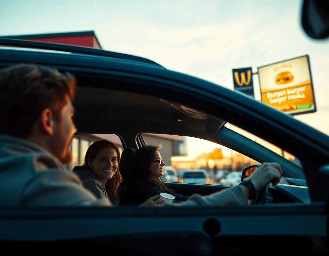 Friends ordering at drive through in a car