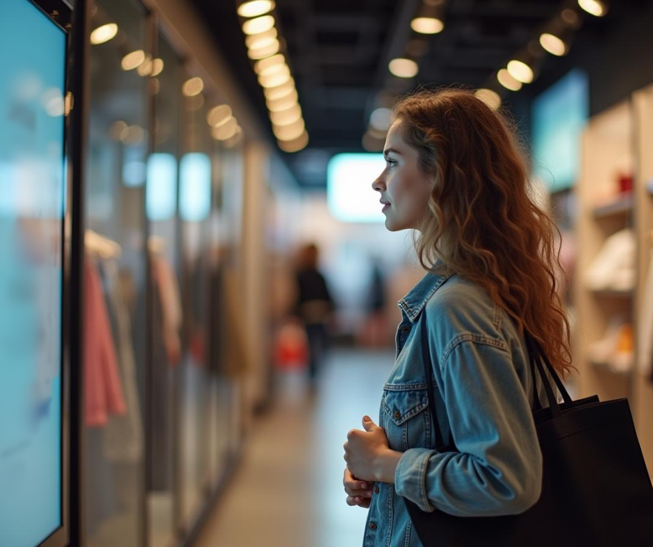 woman looking at retail digital signage screen