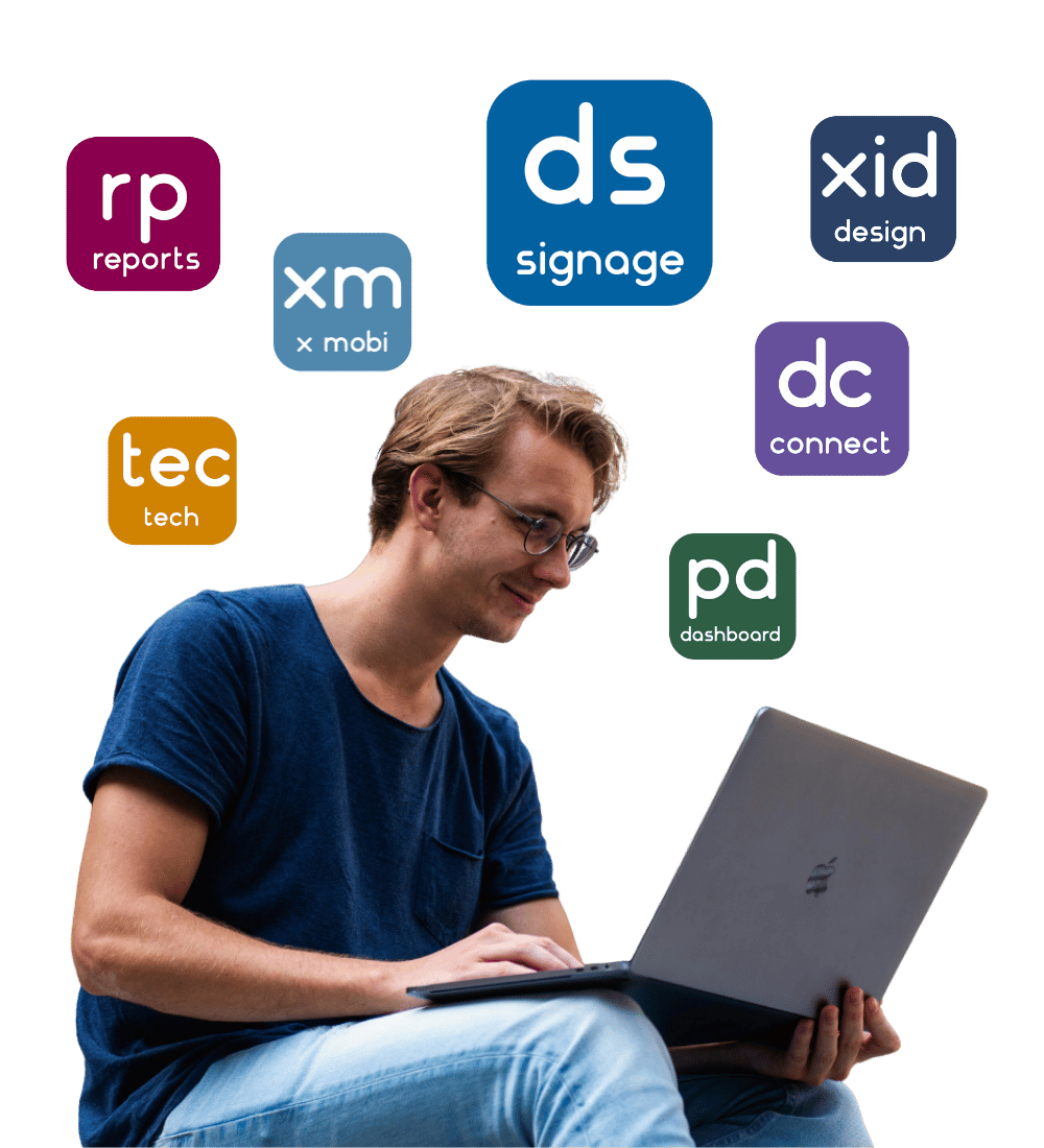 Man and logos Man and floating DS apps