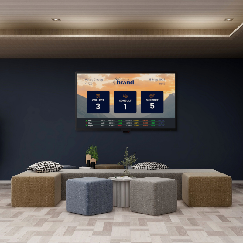 Queue screen in bank mock up - square