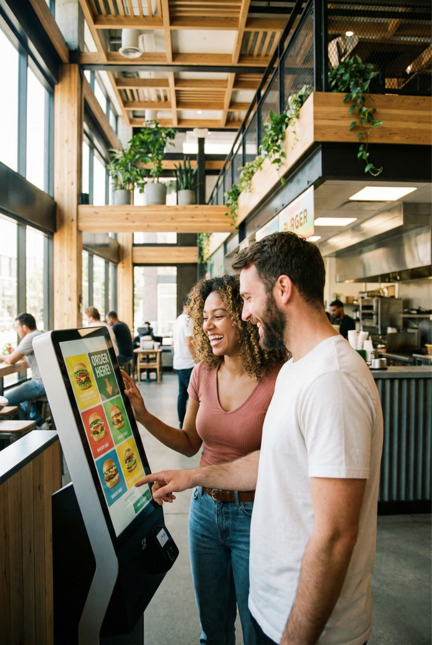 couple ordering with kiosk and trendy burger restaurant - for web