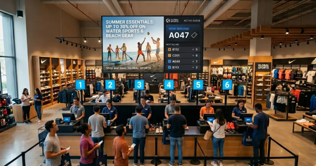 Large retail store using queue management for efficient customer checkout
