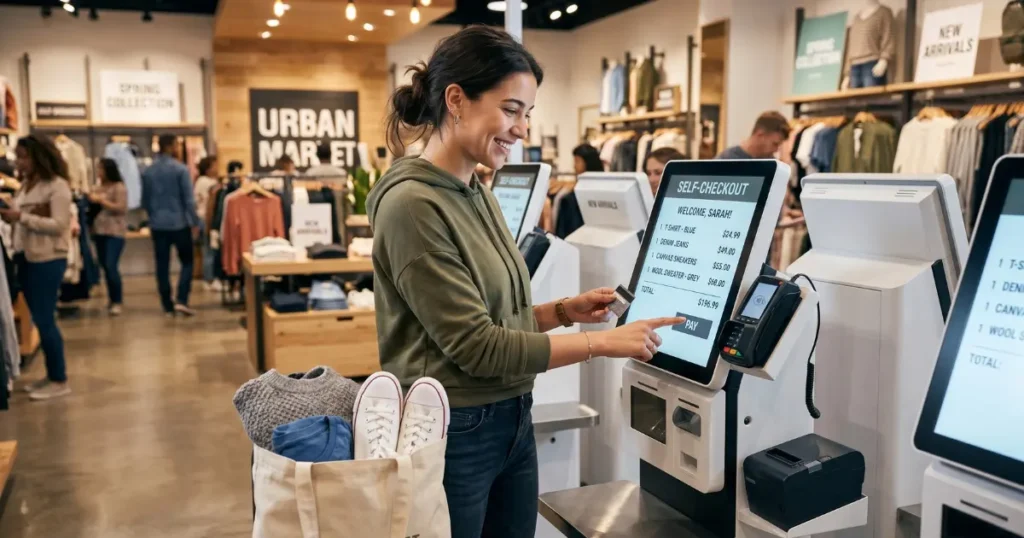 Happy customer paying for clothes using self-service checkout at a retail store.