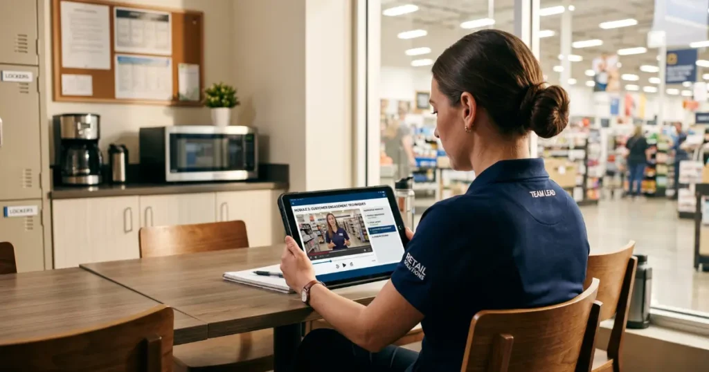 Retail employee in staff room watching training videos on demand, using Datapost Xplore.