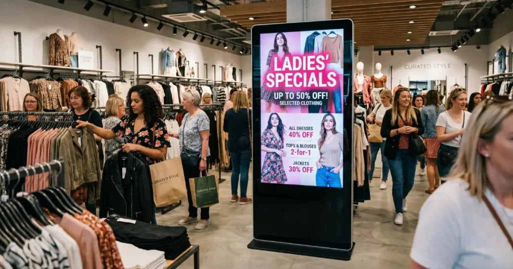 Digital signage in retail store showing women's clothes promotion using vision technology