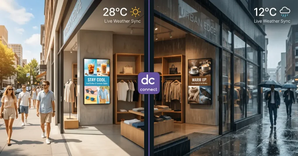 Data-connect retail example, split screen showing weather responsive smart triggers for digital signage content.