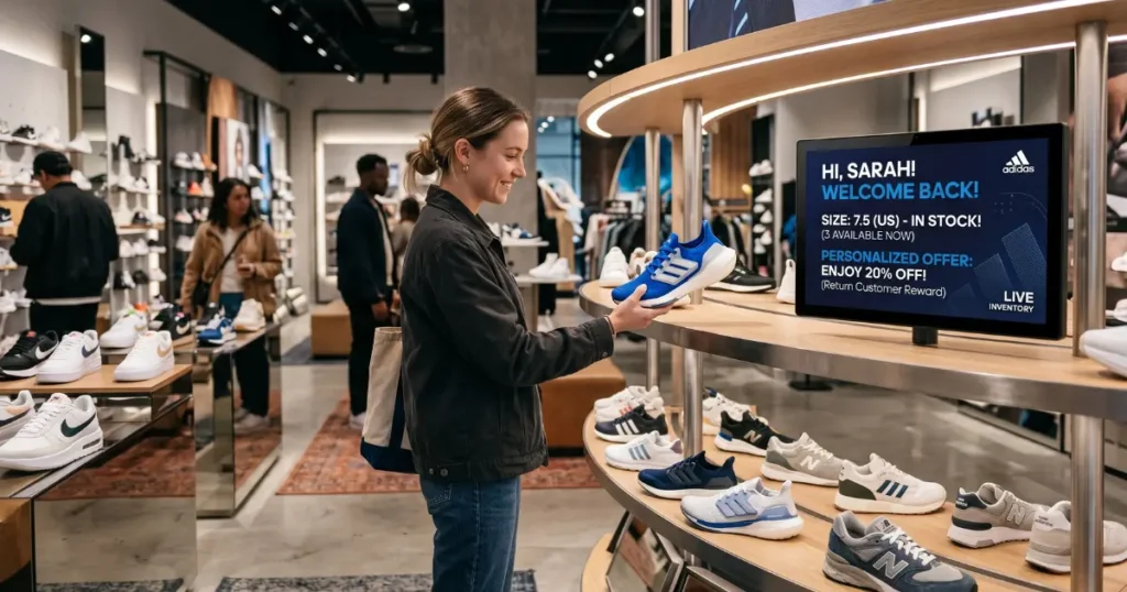 Woman in shoe store viewing personalised offer with lift and learn technology