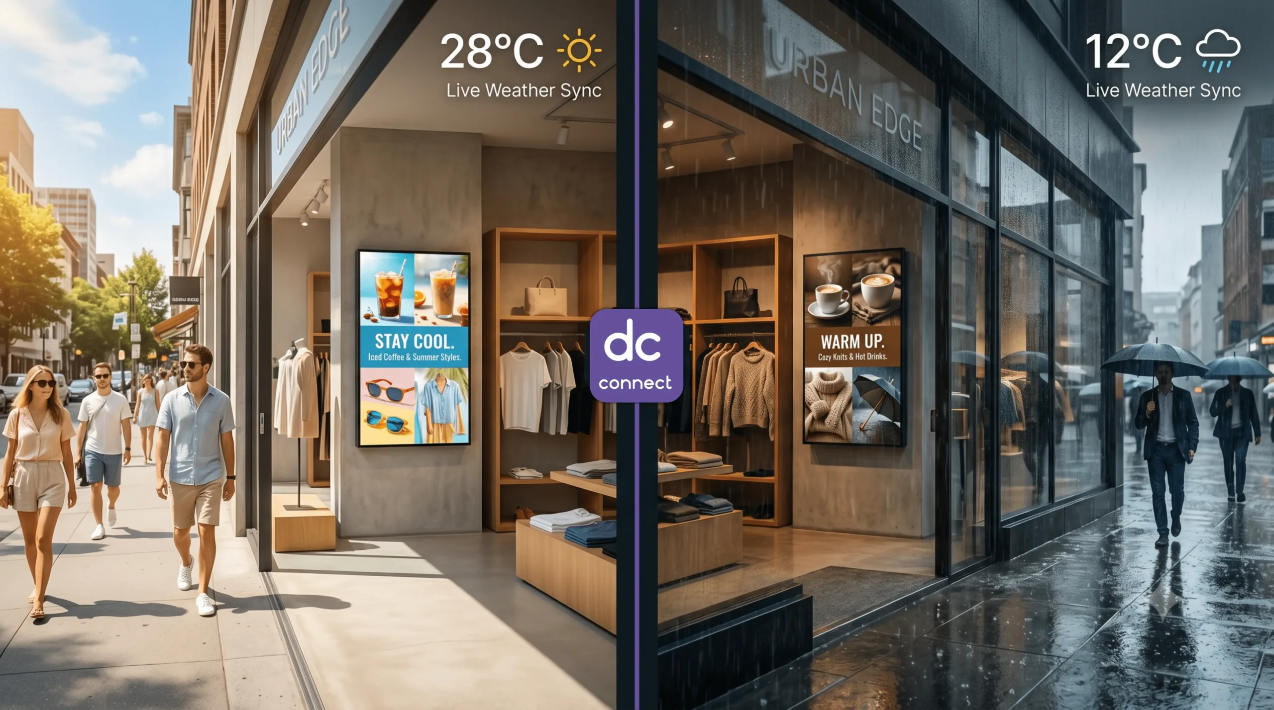Consider a clothing retailer running thirty stores. On a rainy Tuesday morning, Datapost Connect detects the weather change and updates window displays to feature waterproof jackets.