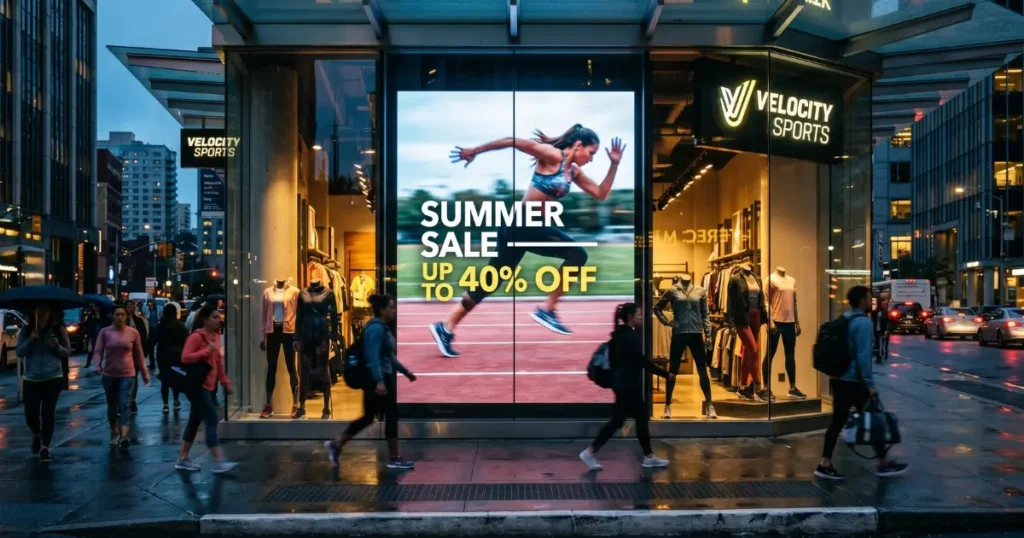 Trendy sports retail store at dusk, with large digital signage screen showing a product promotion.