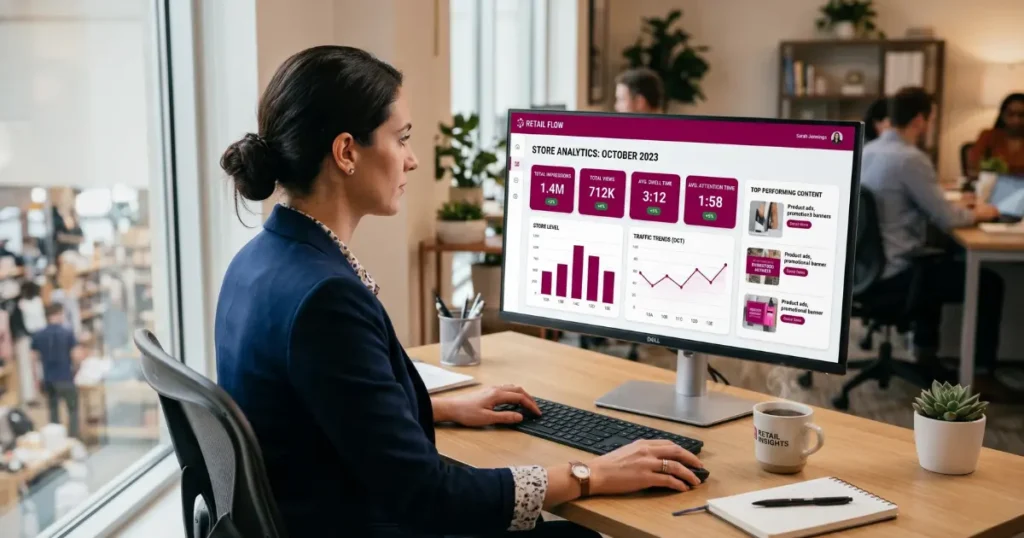 Reporting dashboard for retail store performance being used by a manager