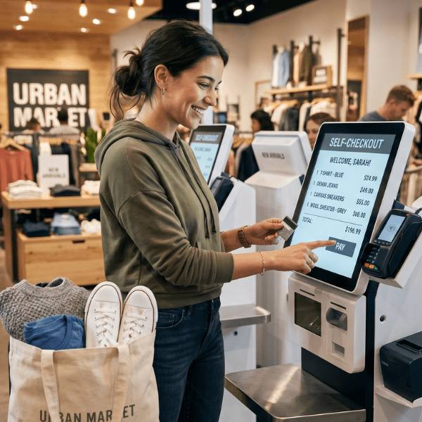 Happy customer paying for clothes using self-service checkout at a retail store.