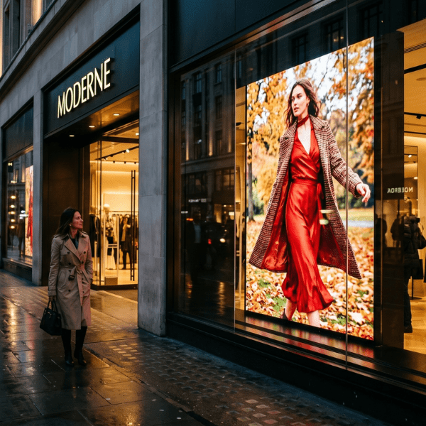luxe retail store with large digital sign showcasing womens winter wear