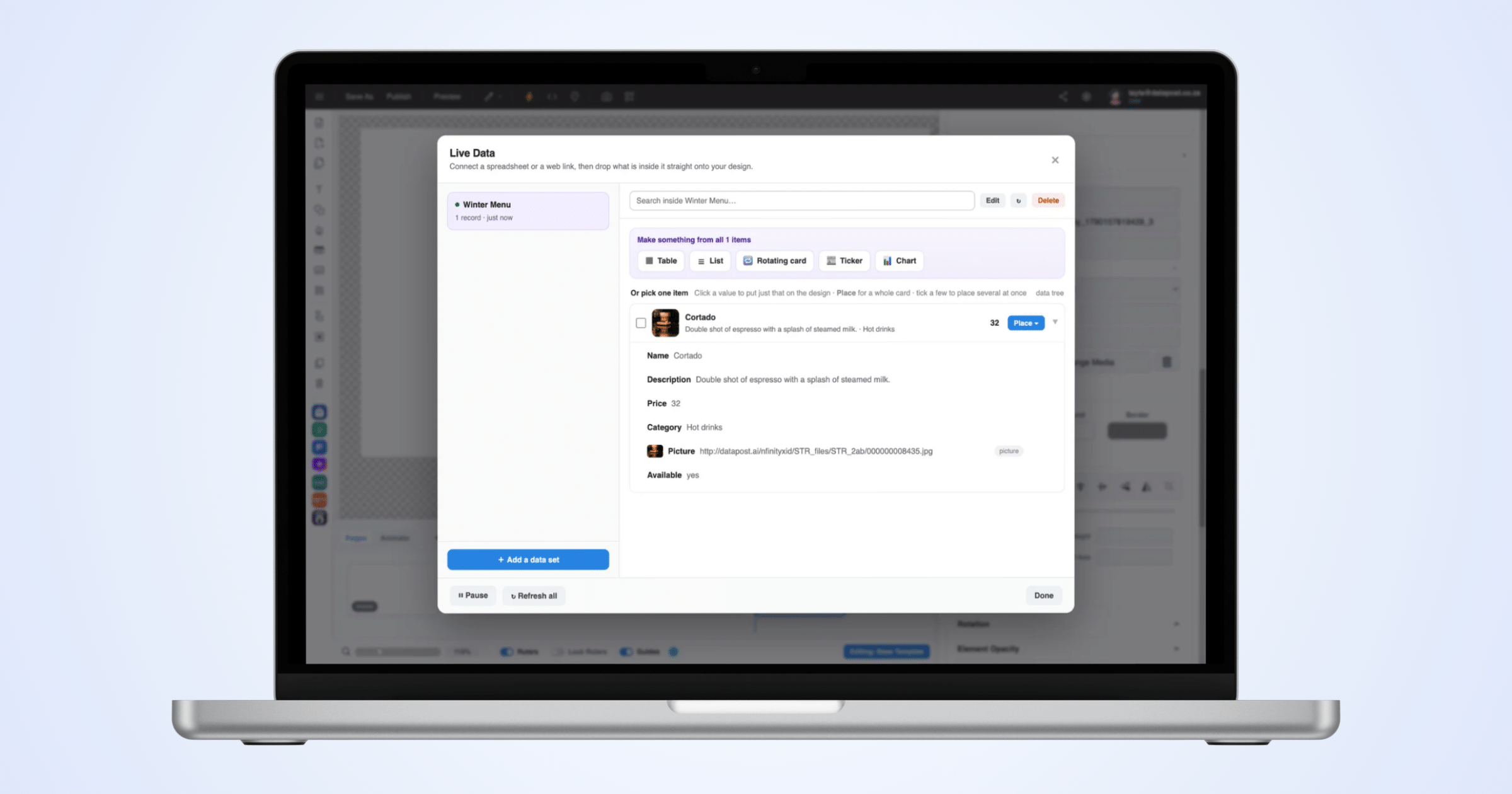 Example: Menu item details using live data